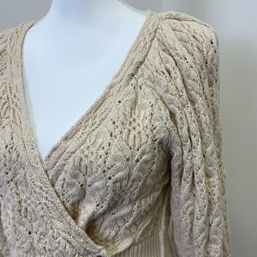Free People Cream Pointelle Cable Knit Wrap Cardigan XS Puff Sleeve Cropped - Picture 3 of 14